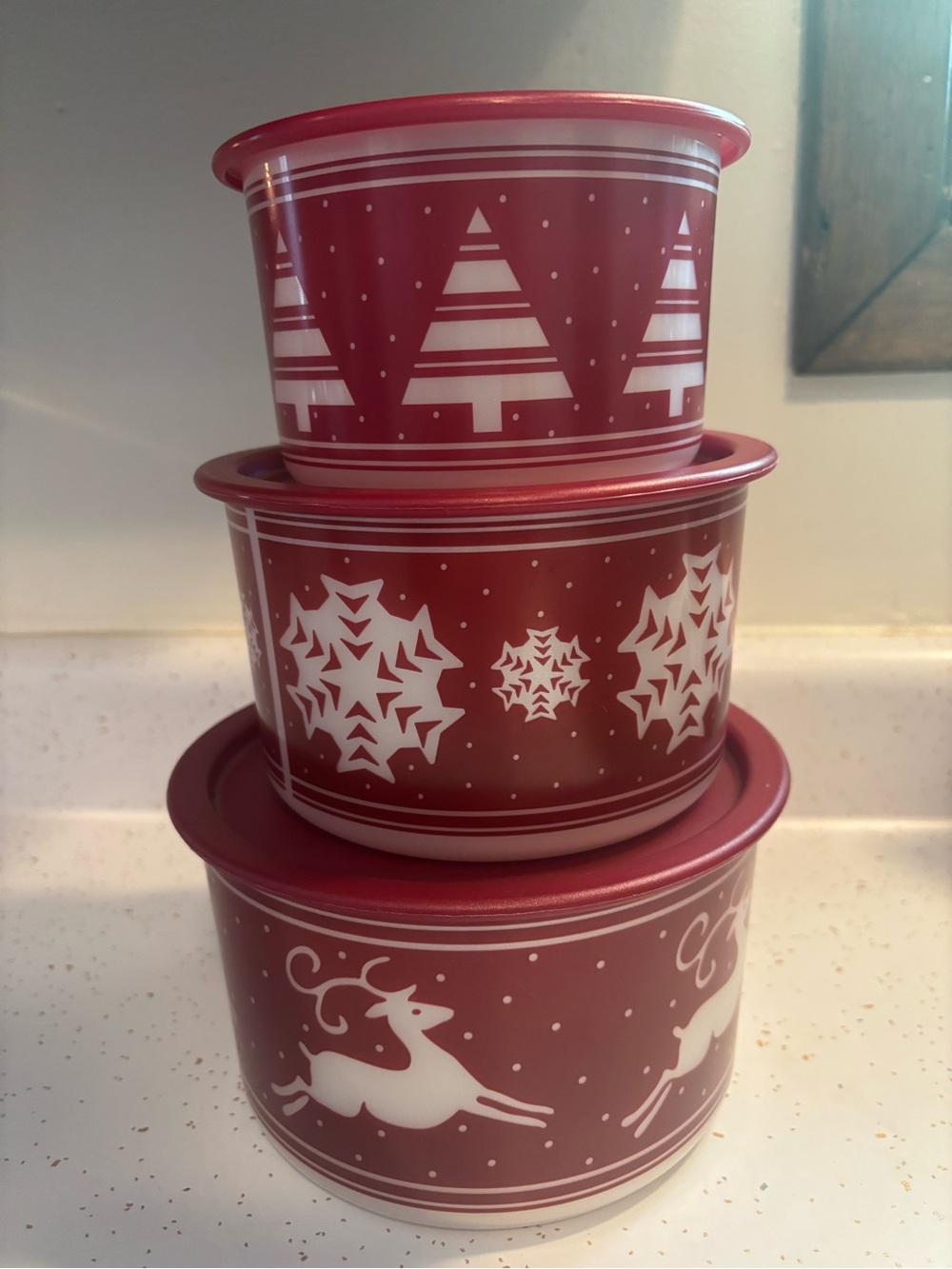 Tupperware Christmas Holiday Stacking Canisters Set of 3 Red Vintage Style